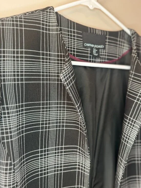Cynthia Rowley Blazer Jacket S Women Black Plaid Open Long Sleeve Shoulder Pads - Picture 3 of 8